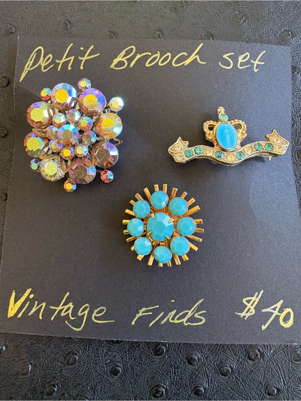 Vintage Petite Brooch Set - Turquoise & Aurora Rhinestones